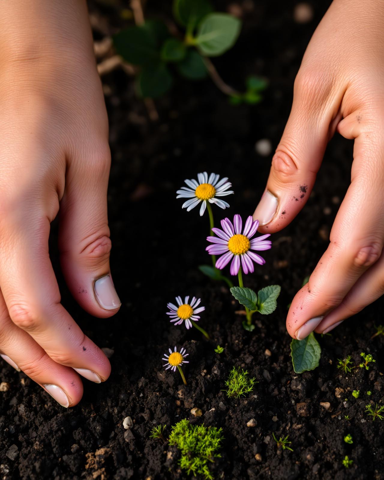 Hands examining healthy garden soil