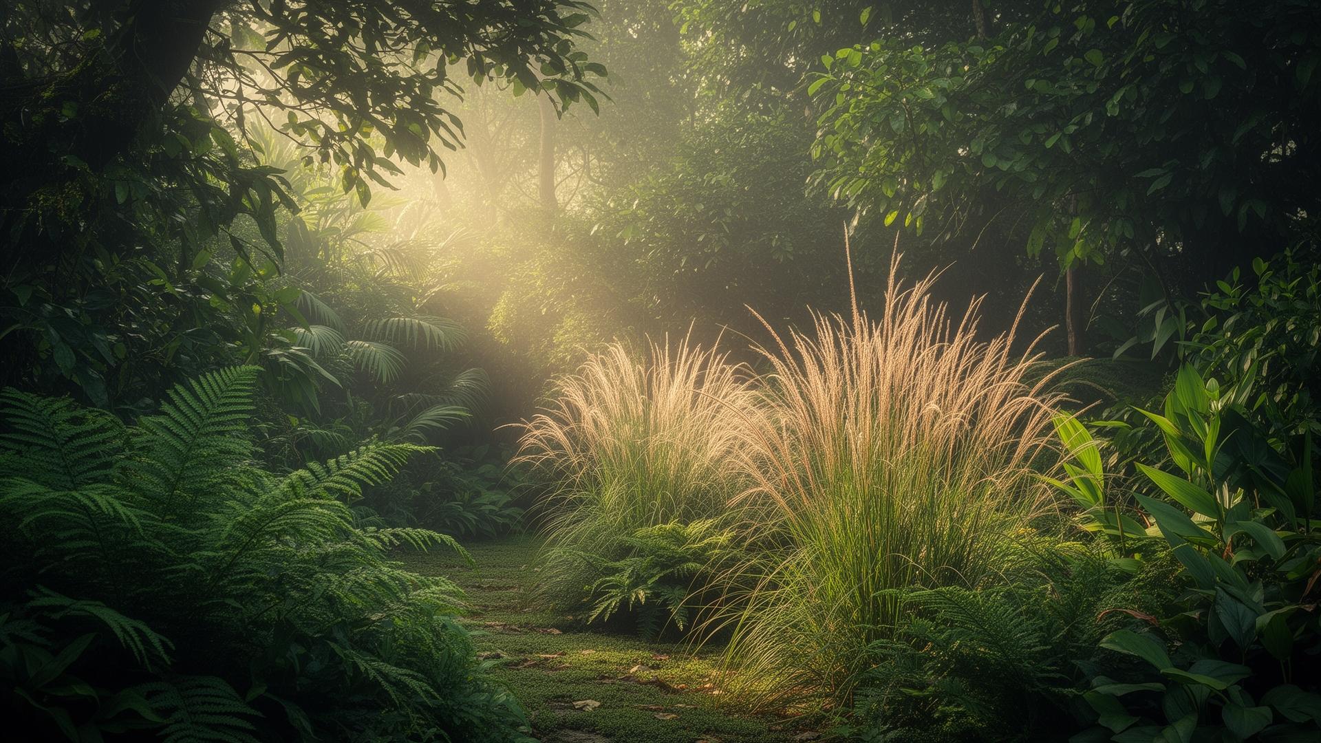 A lush garden with ferns and ornamental grasses in soft morning light