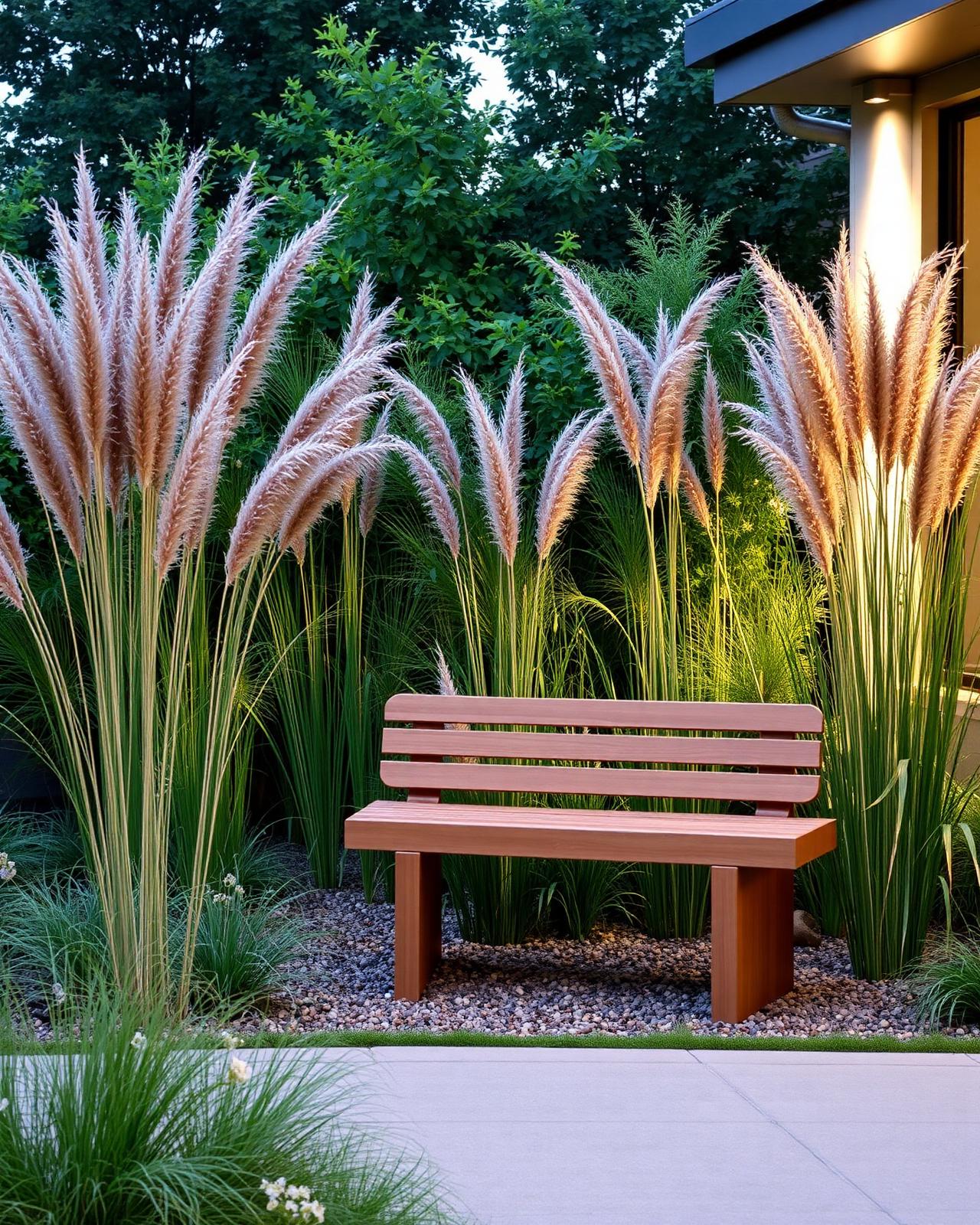 A mature garden filled with ornamental grasses